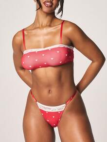 MISSGUIDED 情人节爱心印花罗纹文胸和内裤套装，带蕾丝边