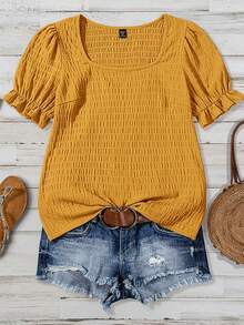 SHEIN VCAY Áo sơ mi nữ cỡ lớn, màu trơn, cổ tròn, tay ngắn phồng, kiểu dáng thường ngày. - Vàng nhạt - Xem 1