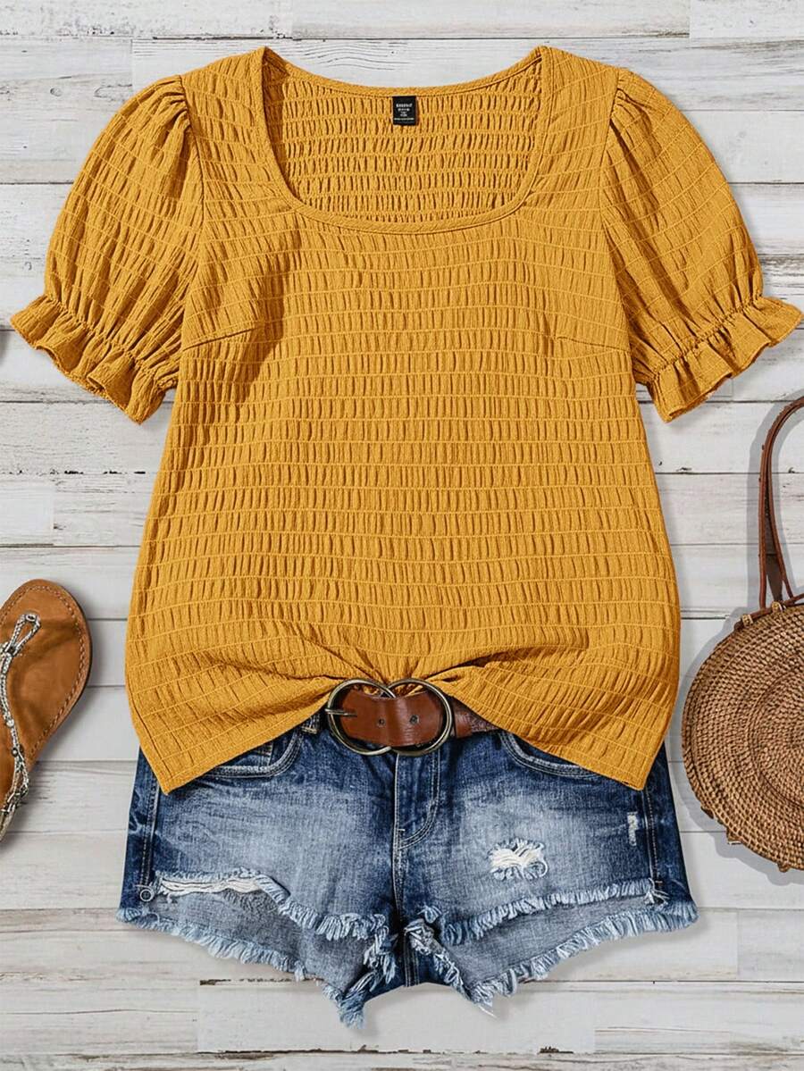 SHEIN VCAY Áo sơ mi nữ cỡ lớn, màu trơn, cổ tròn, tay ngắn phồng, kiểu dáng thường ngày. - Vàng nhạt - Xem 1