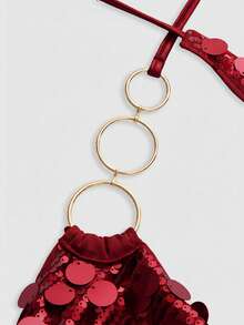 ROMWE Avant Bộ đồ hai mảnh gợi cảm phong cách Y2K gồm áo crop top cổ yếm đính sequin và chân váy mini cạp thấp dành cho nữ, thích hợp dự tiệc. - Màu Đỏ Sâu - Xem 7