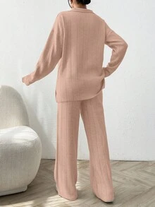 EURMUSE 2pcs/Set Solid Color Ribbed Polo Neck Loose Knit Sweaters - Coral Pink - View 2