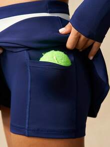 VARSIVA Women's Tennis Sets, Navy Blue And White Color-Blocked Long-Sleeved Mini Tennis Skirt Set, Backless Top, Suitable For Tennis, Gym, Yoga, Holiday, Casual, Spring, Summer, Autumn And Winter - Multicolor - View 10