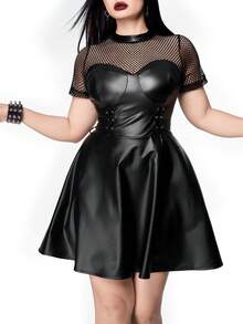 Whyspr Đầm mini dáng chữ A phối lưới, màu trơn phong cách punk dành cho nữ, cỡ lớn. - màu đen - Xem 2