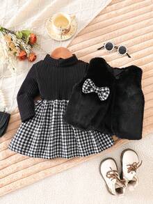 Baby Girls' Elegant Brown Vintage Houndstooth Print Long Sleeve Dress With Matching Fuzzy Vest 2-Piece Set, Slim Fit, Suitable For Outings, Dates, Shopping, Casual Home Wear, And Parties - Black and White - View 4