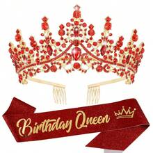 2pcs/Set Birthday Sash Birthday Crown Number Princess Crown Queen Tiara Rhinestone Birthday Headbands Birthday Sash With Pin Happy Birthday Crown And Sash Ribbon For Birthday Party Ball Decoration,Christmas - Multicolor - View 2