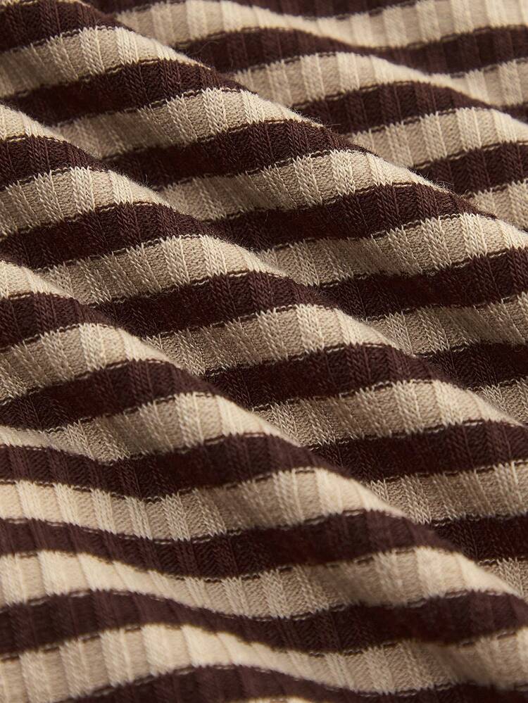 Brown Striped Ribbed Top With Ruffled Neckline And Front Ruffle Detail Spring Going Out Vintage Style Top French Style Parisian Style
