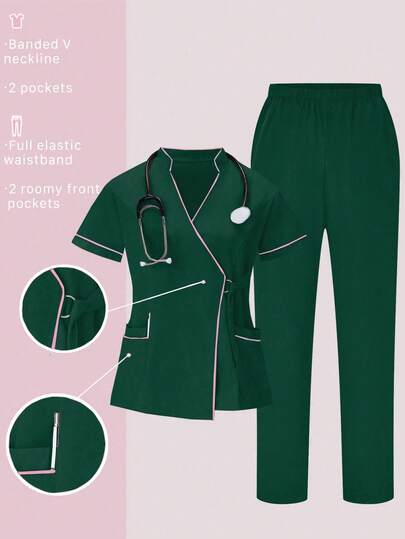 TaskEZ Scrubs Set: V-Neck Short Sleeve Top & Pants Scrub Uniform For Healthcare Workers