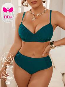 Swim DD+ 女士纯色褶皱挂脖可调节后扣三角比基尼套装 - 藍色 - 查看 4