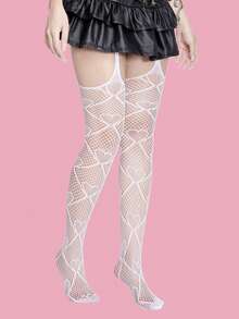 ROMWE Kawaii 1pair Women's Black Heart Shaped Fishnet Stocking With Straps, Suitable For All Seasons - White 1 - View 9
