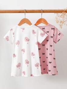 2pcs Baby Girls' Cute White And Pink Heart Bow Print Nightgowns,Toddler Summer Holiday Dresses,Short Sleeve Round Neck Polyester Sleepwear Pajamas Set - Pink - View 2