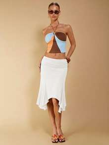 COSMINA Women's Elegant Asymmetrical Ruched Brown Skirt, Suitable For Spring/Summer Vacation, Asymmetrical Skirt, White Midi Skirt, Mermaid Skirt, White Skirts For Women, White Ruffle Skirt - White - View 4