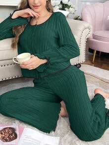 Bộ đồ ngủ nữ thường ngày bằng vải nhung mềm mại, tay dài và quần dài. - Màu xanh Ô liu - Xem 6