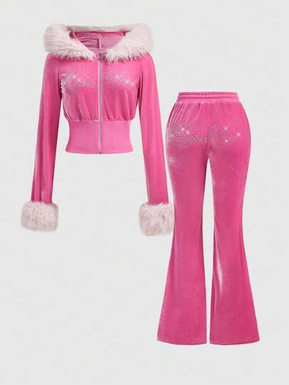 J-Fashion 2 pièces Ensemble de sweat-shirt en velours avec ornements de strass Y2K, automne/hiver