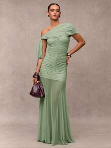 SHEIN BAE Women's Solid Color Oblique Shoulder Ruched Flounce Design Elegant Dress - Mint Green - View 3