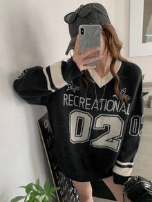 DAZY 女士V领休闲撞色长袖毛衣 - 黑色 - 查看 8