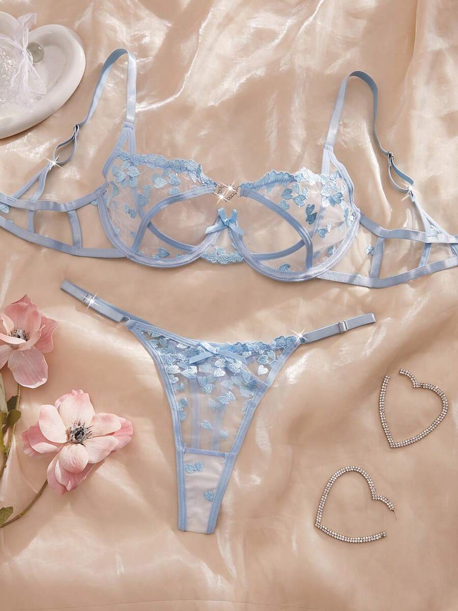 2件套女士性感花卉刺绣网纱钢圈文胸套装，甜美活泼