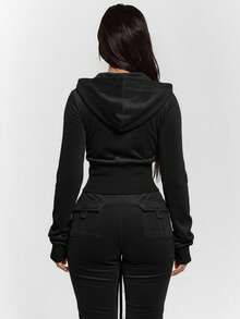MUSERA Zip Through Fitted Ribbed Snatched Underbust Hooded Velour Sweatshirt Only Sexy Going Out Night Out Winter Cute Streetwear ,Elegant Spring Summer - Black - View 2
