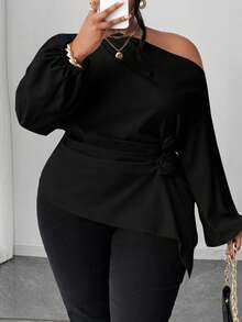 SHEIN CURVE+ 大码女士优雅褶皱玫瑰肩部不对称下摆衬衫，简约设计，适合工作场合，春/秋/冬季穿着。 - 黑色 - 查看 3
