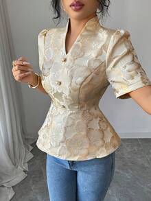 Elenzga Đầm dự tiệc thanh lịch, tối giản, đa năng dành cho nữ, thiết kế vải hoa tinh tế, tay ngắn, cổ tim màu vàng, thắt eo. - Màu be - Xem 3