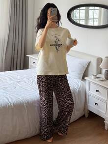 DAZY 植物字母图案印花宽松T恤上衣和豹纹睡裤女士睡衣套装 - 黃色 - 查看 6