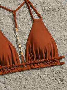 Swim Vcay Women's Solid Color Halter Backless Decorative Sexy Fashion Bikini Swimwear Top - Rust Brown - View 4