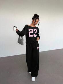 Aloruh 2pcs Women Contrast Color Numeric Print Round Neck Long Sleeve Set - Black - View 5