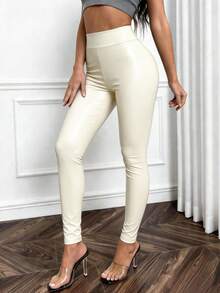 SHEIN 1 pieza Leggings de mujer de piel sintética, pantalones ajustados elásticos, tela de malla delgada, diseño de costura a la moda, adecuado para uso casual y deportivo - Blanco - Ver 5