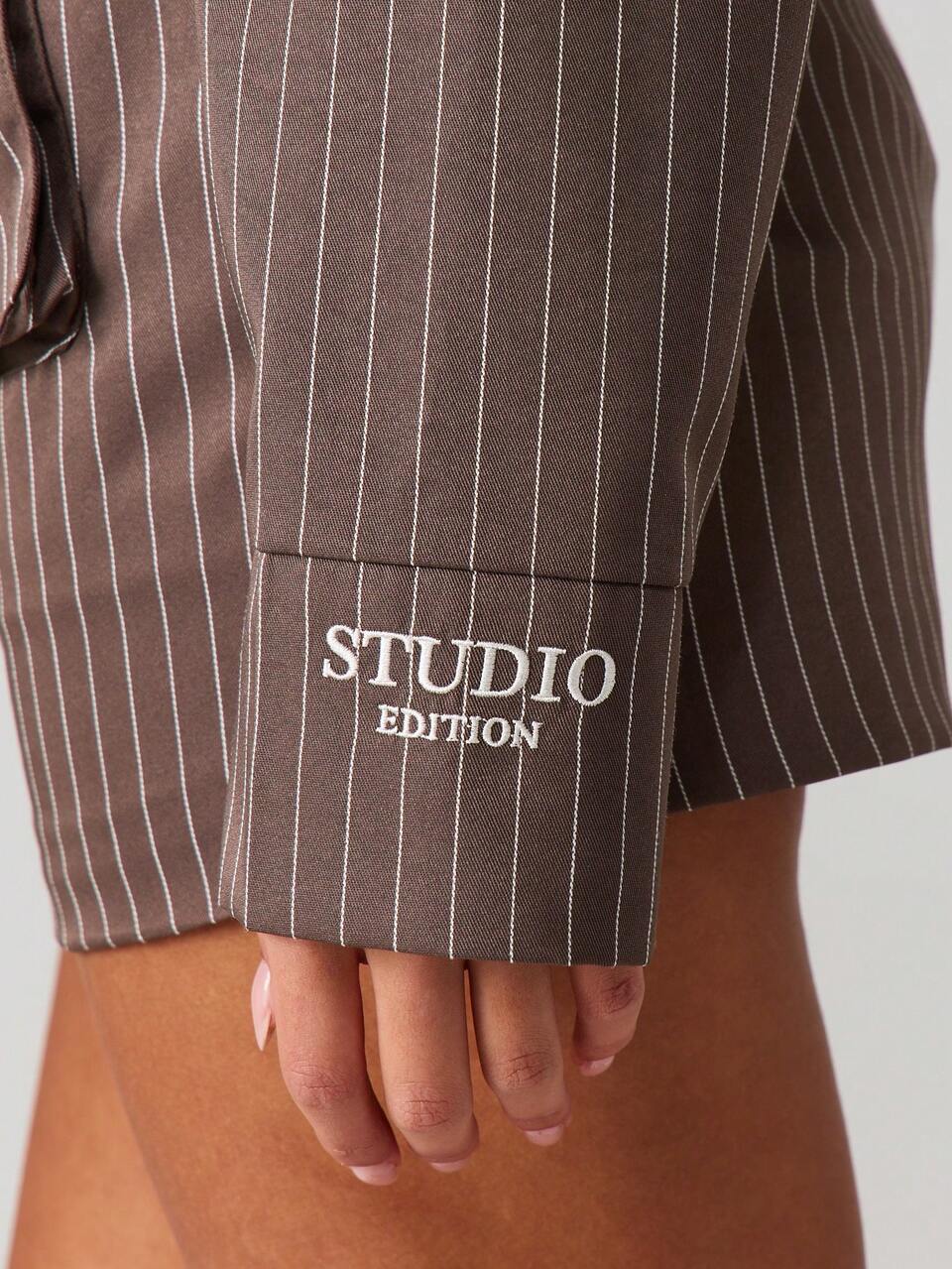 MISSGUIDED Oversized Pinstripe Button Down Shirt Relaxed Long Sleeve Collared Blouse Office Business Casual Top With Edition Text Embroidery Wardrobe Essential