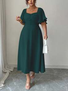 Modelyn Plus Size Dark Green Midi A Line Dress With Ruffle Hem Sweetheart Neck And Cloak Sleeves - Dark Green - View 4