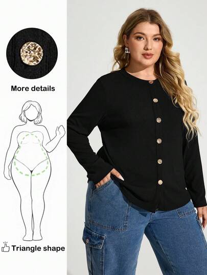 Truni 女性用秋冬服、プラスサイズ ニット ストレッチ オープンカラー 長袖Tシャツ メタルボタン付き