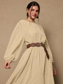 Freevana Plus Size Solid Color Minimalist Casual Round Neck Long Sleeve Dress - Apricot - View 2