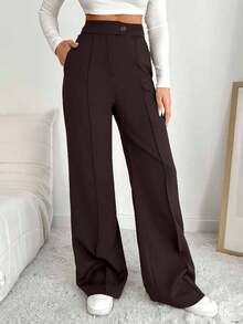 EURMUSE Women's Solid Color High Waist Toothpick Stripe Design Pocket Casual/Work Pants - Brown - View 4