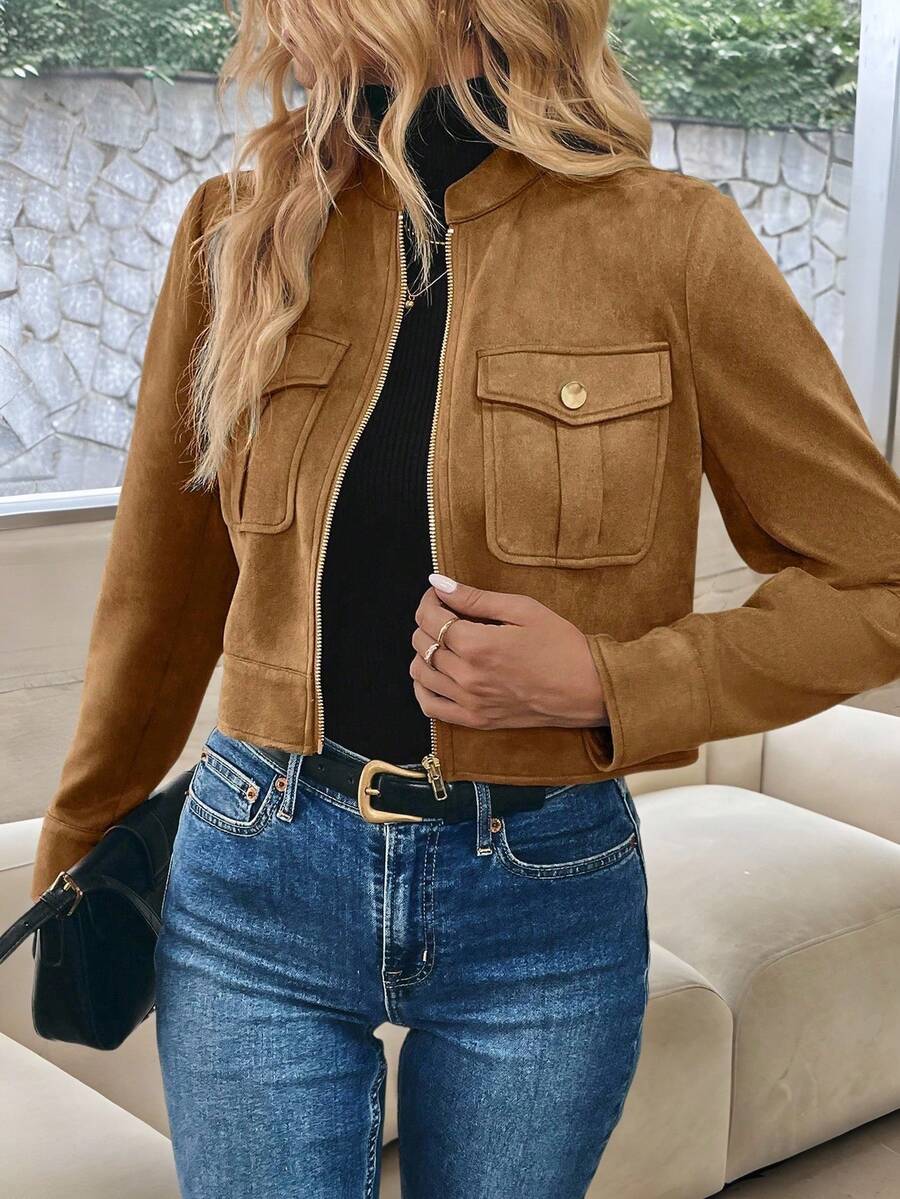 Chaqueta Corta De Carga De Mujer Con Botones Metálicos Decorados,Cálida Y Gruesa,Para Otoño/Invierno - Marrón - Ver 1