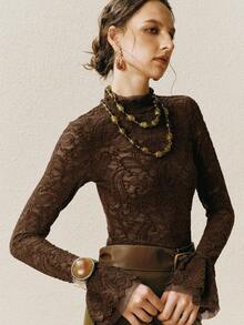 Arave 女士天鹅绒蕾丝撞色网纱双层喇叭袖口修身优雅绿色长袖打底衫，秋季女装 - 棕色 - 查看 3