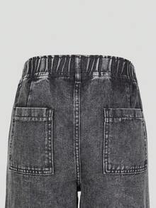 SHEIN ChillGRL Teen Girls' Light Blue Washed Denim Casual Versatile Comfortable Bow Decor Drawstring Elastic Waist Pockets Wide Leg Jeans Baggy Jeans Y2k Wide Leg Jeans Girls Y2k Wide Leg Denim Grey Baggy Jeans - Dark Grey - View 6