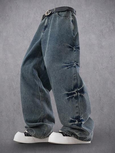 Manfinity Denimwave Jeans anchos casuales de ajuste holgado con lavado desgastado y vintage, unisex