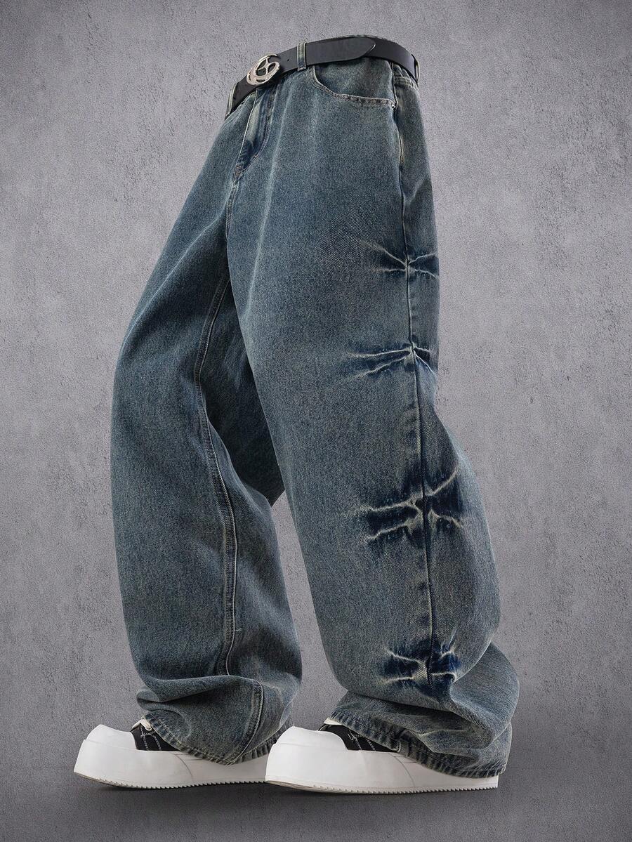 Manfinity Denimwave 男女皆宜的复古做旧水洗宽松休闲阔腿牛仔裤 - 深色水洗藍 - 查看 1