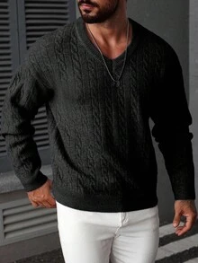 Manfinity Homme 男士休闲麻花针织V领长袖毛衣，秋冬男士麻花针织毛衣，男士V领罗纹毛衣 - 黑色 - 查看 4