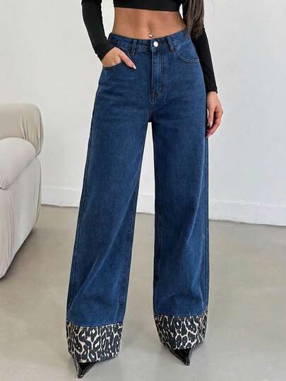 SHEIN Tall HIGH RISE WIDELEG JEAN WITH LEOPARD TALL