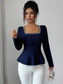 Elenzga Women's Solid Color Square Collar Pearl Decor Waist Cinched Long Sleeve Blouse, Autumn - Navy Blue - View 3