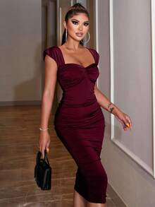 SHEIN Cottnline Women's Solid Color Sweetheart Neck Ruched Fitted Elegant Dress - Burgundy - View 5