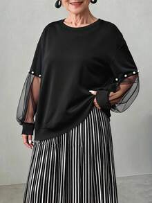 INAWLY Sudadera holgada de talla grande para mujer con mangas de malla transparente y decoración de burbujas - Negro - Ver 4