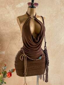 Soleia 春夏新款休闲度假西部海滩婚礼宾客礼服毕业早午餐连衣裙，圣帕特里克节春假复活节音乐节优雅波西米亚热带魅力金属串珠深V垂褶露背蝴蝶结吊带迷你连衣裙，女士 - 咖啡棕 - 查看 1