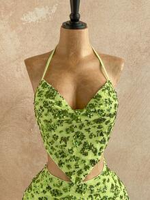 Soleia Women's Holiday Outfit: Blue Sequin Embroidered Cowl Neck Backless Tie-Up Low Waist Slit Mini Skirt Set, Music Festival Fashion Set Summer Two Piece Set Animal Print Two Piece Bikini Skirt Set Party Tropical Two Piece Set Green Two Piece Set Lime Green Two Piece