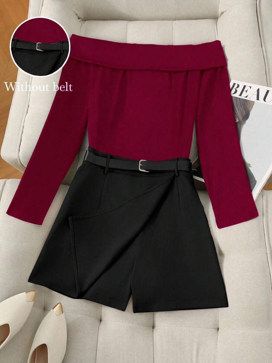 Franclia Casual Women Two Piece Colorblock Off Shoulder Long Sleeve Top And Belted Skort Set - Multicolor - View 1