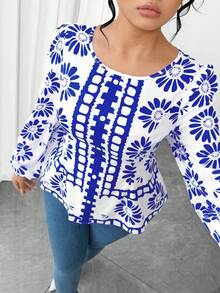 SHEIN Elenzya 女士圆领修身长袖印花衬衫，休闲外套 - 寶藍色 - 查看 4