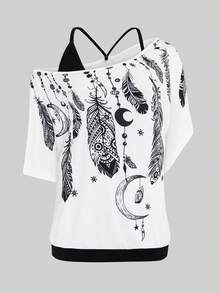 SHEIN LUNE 大码羽毛印花吊带短袖T恤图案T恤女式上衣 - 黑與白 - 查看 1