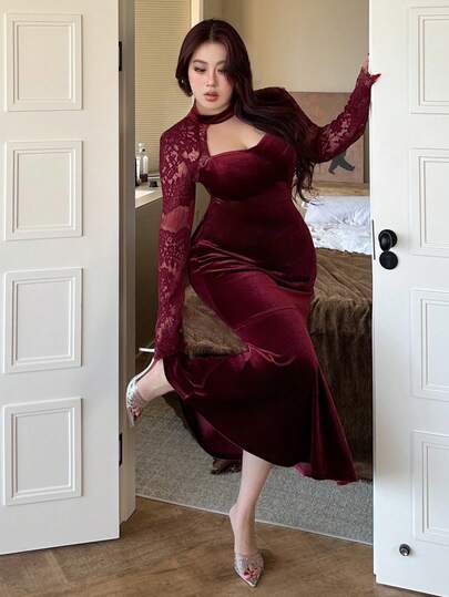 Dazy Plus 大码女式丝绒撞色蕾丝镂空性感连衣裙，红色，适合派对、春秋季舞会、情人节等场合