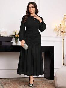 Modelyn Vestido largo elegante de talla grande con mangas de farol, cintura ajustada y plisado - Negro - Ver 3