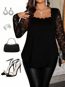 SHEIN Clasi Plus Size Women Curved Hem Square Neck Contrast Lace Long Sleeve Fashion T-Shirt - Black - View 8